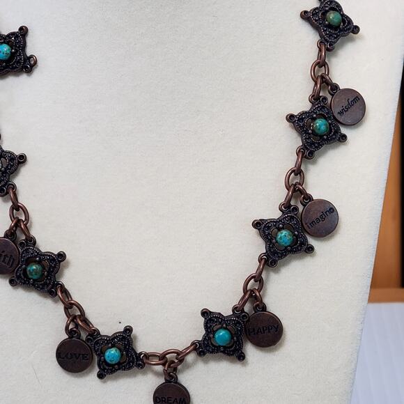 Faux Turquoise Necklace Inspirational Charm Dangle Lobster Closure 15" - Picture 3 of 7